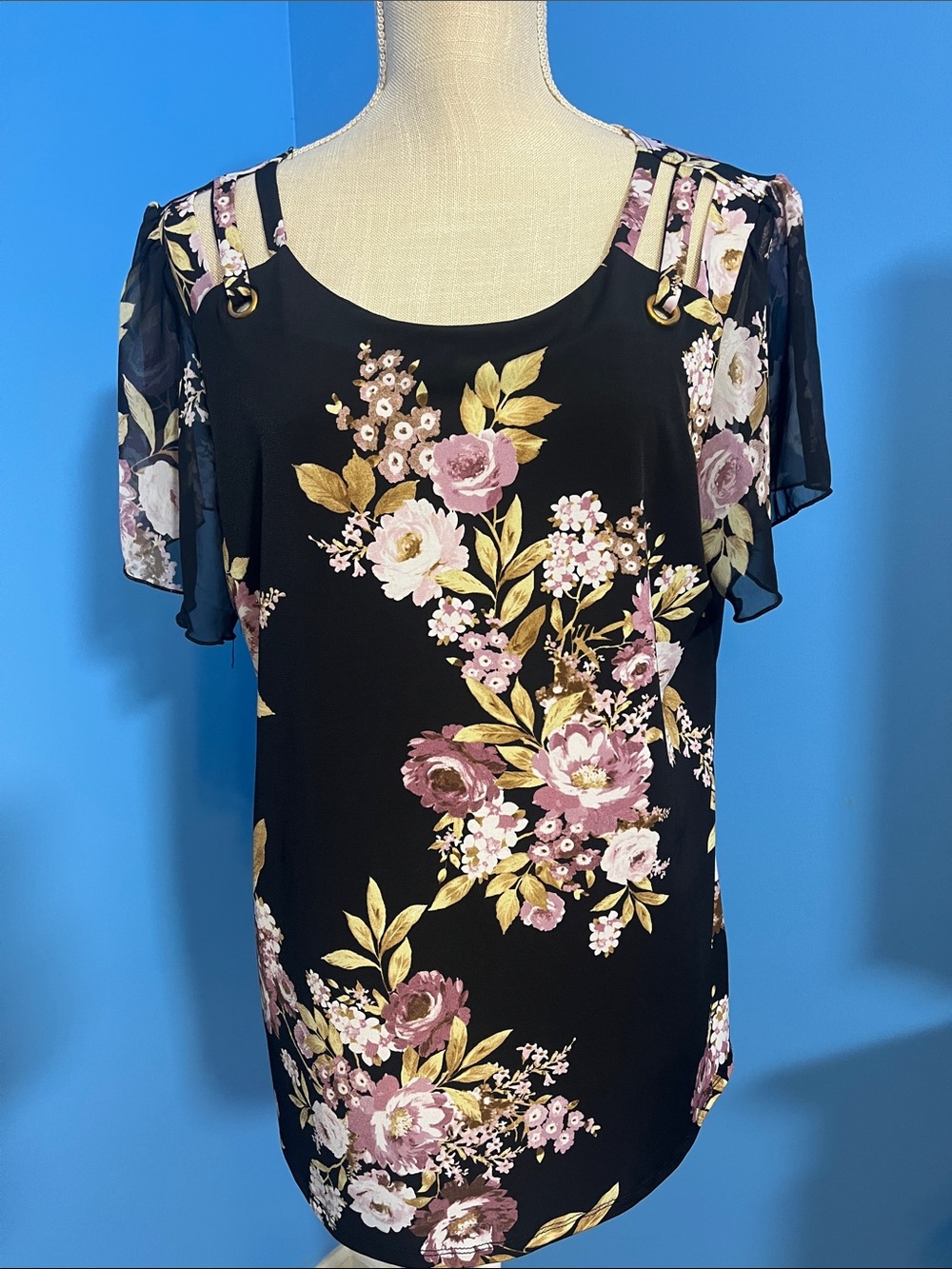 Adele & May Black Floral Cold-Shoulder Blouse with Pink and Cream Blooms, Sz XL